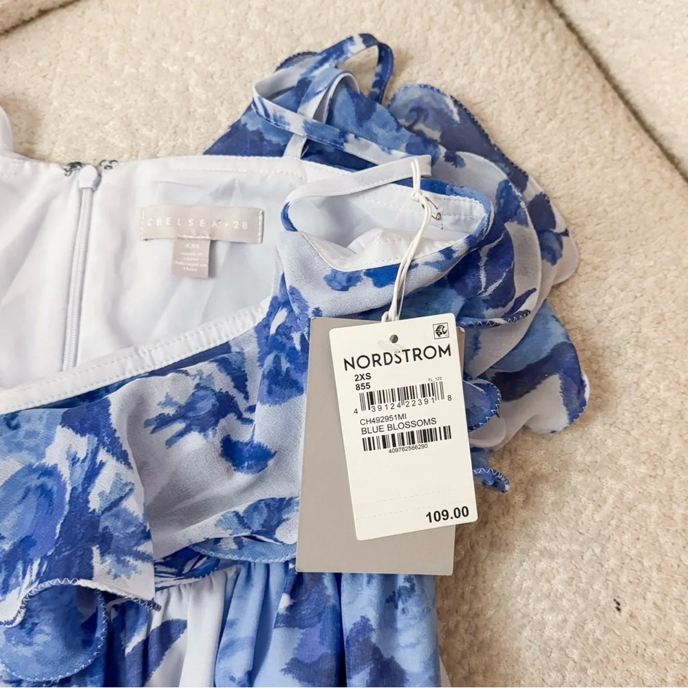 NWT Chelsea28 Blue Floral Printed Tiered Ruffle Chiffon Midi Dress